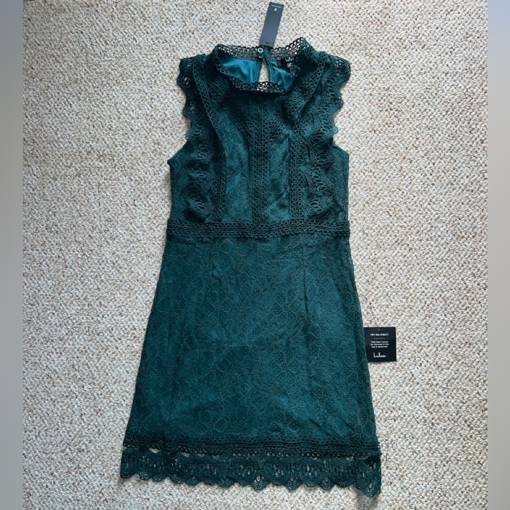 NWT Lulu’s Med My Sweetheart Dark Teal Green Lace Mini Dress Coquette